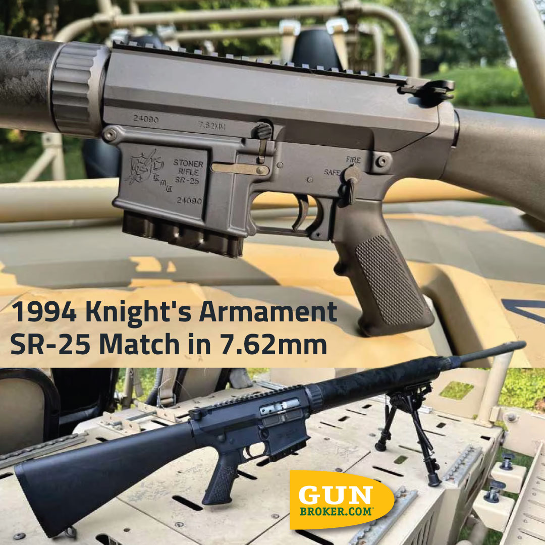 GunBroker's tweet image. Knight’s Armament SR-25 Match (1994 build)
Full listing ➡️ bit.ly/46d0lrX
💥 Original. Pristine. Collector-worthy.
🟫 24" heavy match barrel
🟫 Serial #24090
🟫 All-original with mirror bore & crisp rifling
🟫 .308/7.62 NATO
.
💬 Is this a shooter or a safe queen in your…