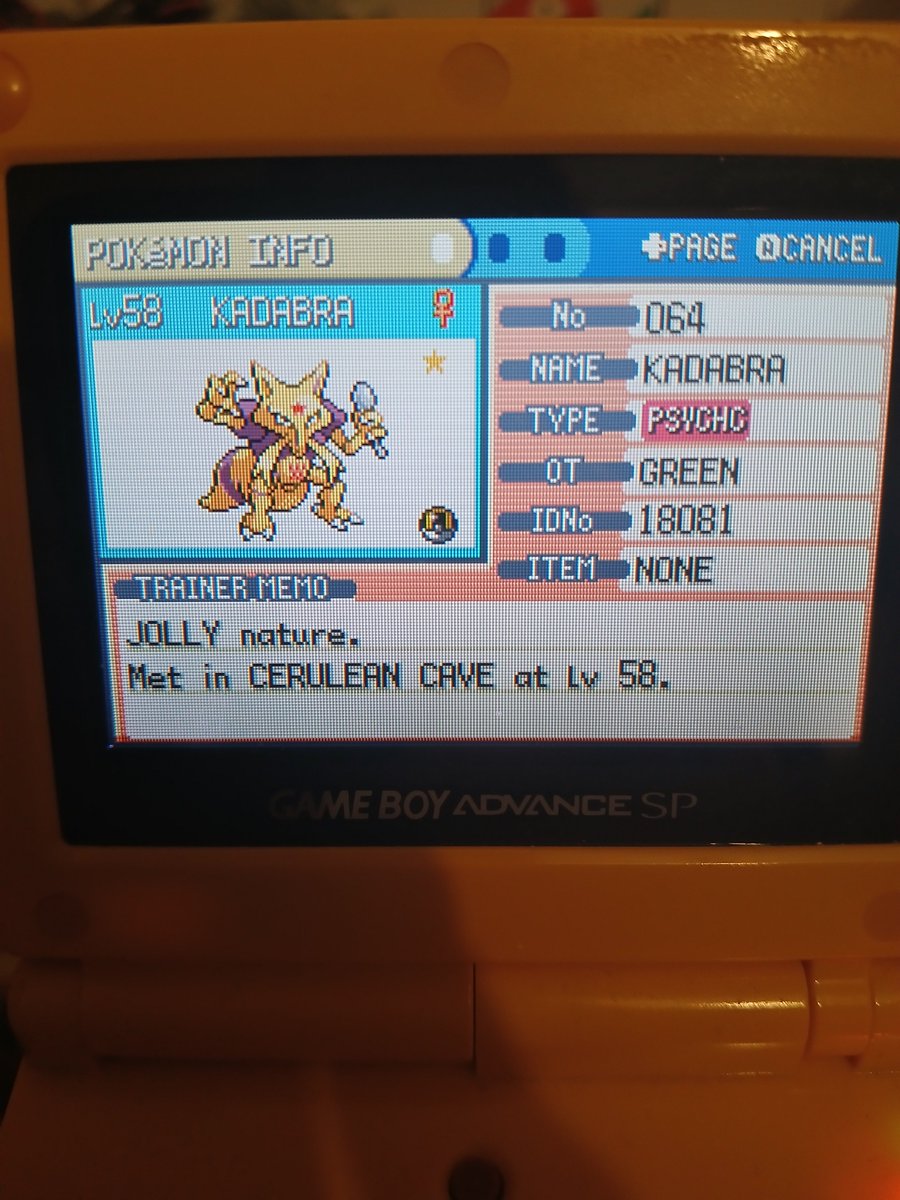 Shiny Kadabra in Firered after 3,548 REs!! Was going for Ditto here but still pretty cool :)