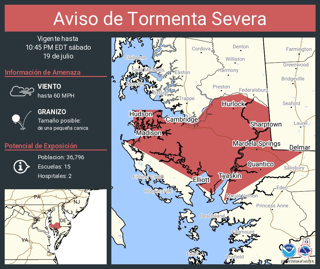 NWSWakefieldVA's tweet image. Aviso de Tormenta Severa incluye Cambridge MD, Delmar MD, Hurlock MD hasta las 10:45 PM EDT
