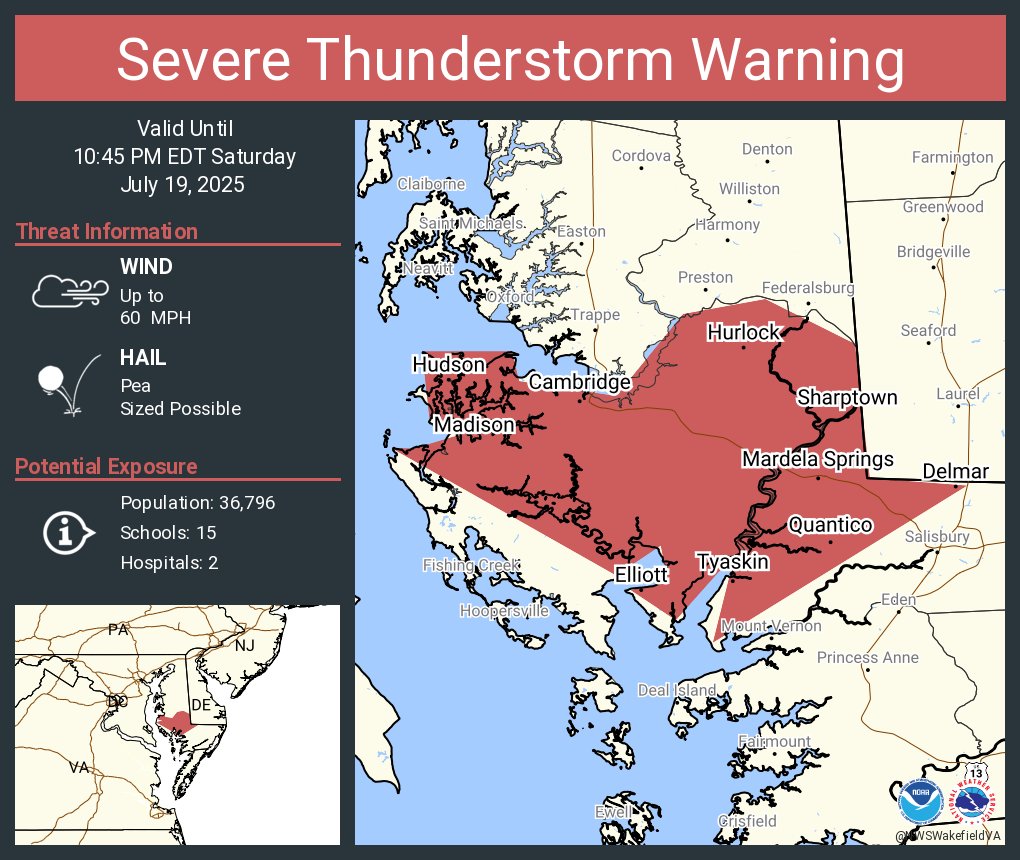 NWSWakefieldVA's tweet image. Severe Thunderstorm Warning including Cambridge MD, Delmar MD and Hurlock MD until 10:45 PM EDT
