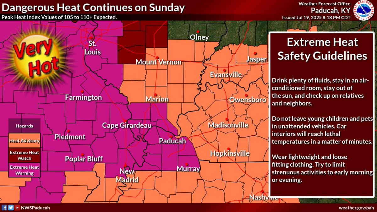 NWSPaducah's tweet image. Dangerous heat and humidity will continue Sunday into next week. On Sunday expect peak heat index values of 105 to 110 degrees. \n\nDrink plenty of fluids, stay in an air-conditioned room, stay out of the sun, and check up on relatives and neighbors.
