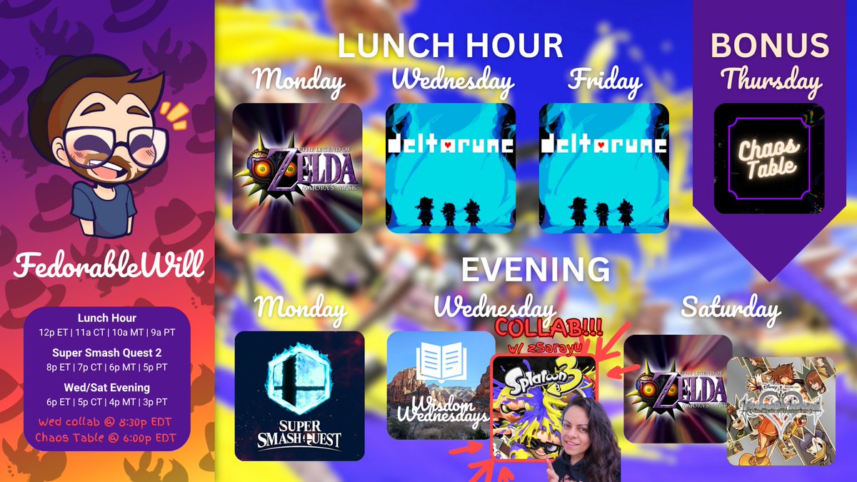 fedorable_will's tweet image. Stream schedule for 7/20/2025
This week has some fun stuff in store!!!
🎮 Splatoon COLLAB w/ @zsarayu
🎲 Monthly CHAOS TABLE One-Shot
📖 Concise Theology book with @.Midwest_Dungeon_Delvers
See y'all on Twitch 🥳