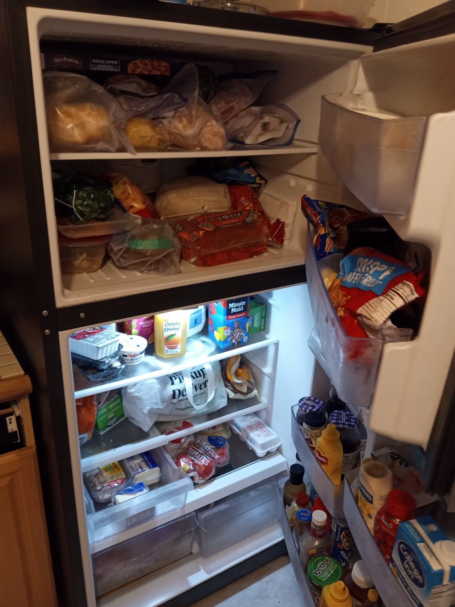 JohnnyLoveless's tweet image. Check out my refrigerator after shopping today.
I had to take out a second mortgage to afford a full refrigerator of groceries in Trump's America.
Not bad for a house run by guys though.