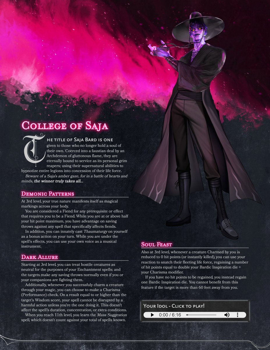 CamunonZ's tweet photo. BARD SUBCLASS: COLLEGE OF SAJA
A playable character option for #DnD5e inspired by #KPopDemonHunters!
-PDF: https://t.co/RIHfWZX0IG
#dungeonsanddragons #DnD #dnd #homebrew #TTRPGs #ttrpg #subclass #KPOP #kpopdemonhuntersfanart #kpopdemonhunter #kpopdemonhuntersnetflix #sajaboys https://t.co/SVxMqLvVJp