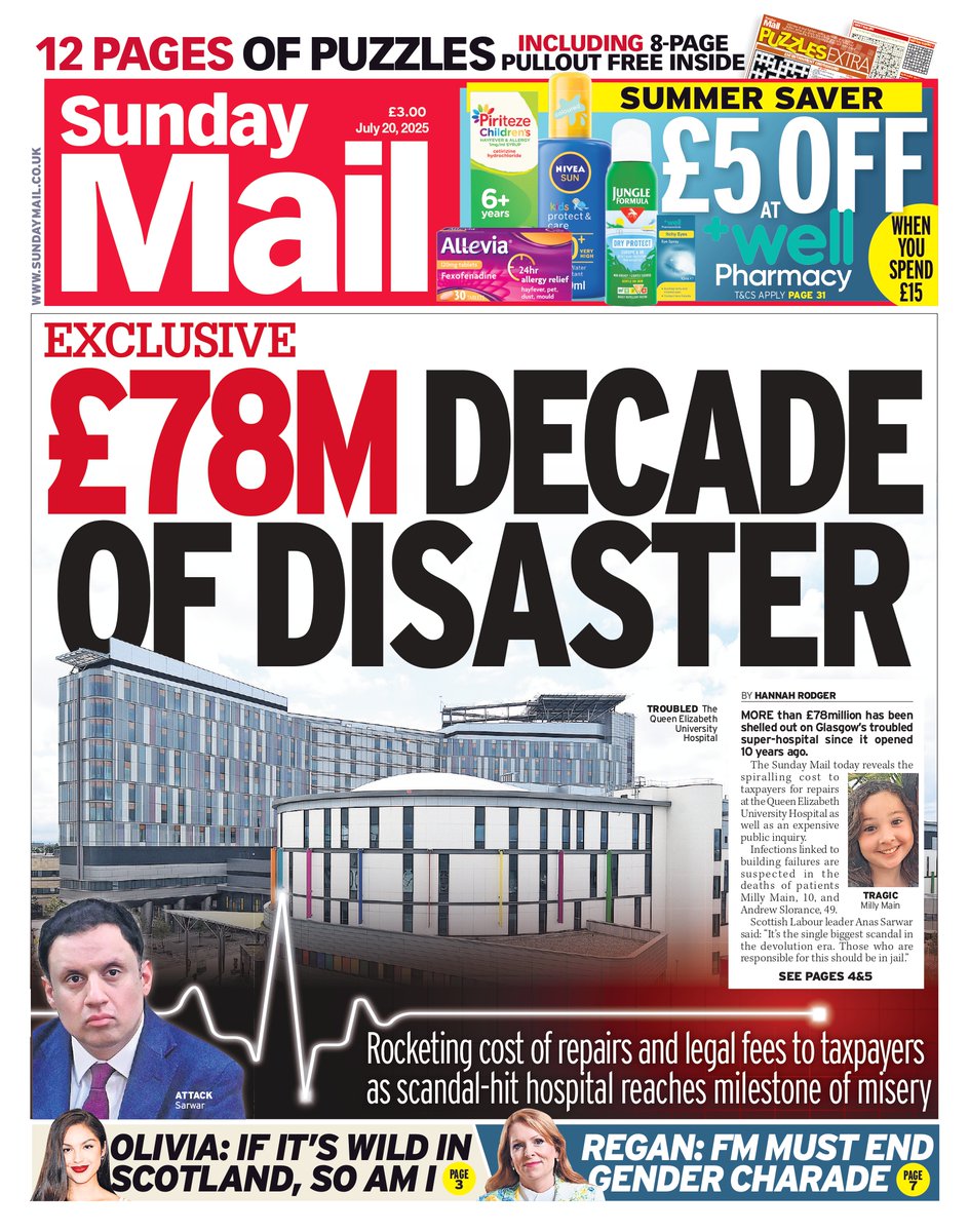 Sunday_Mail's tweet image. In tomorrow's Sunday Mail, more than £78million has been shelled out on Glasgow’s troubled super-hospital since it opened 10 years ago #ScotPapers #TomorrowsPapersToday