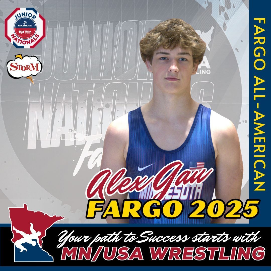 MNUSAW's tweet image. Congrats to Alex Gau for finishing 6th and earning the title of 2025 Fargo All-American. #mnusawrestling #mnstorm