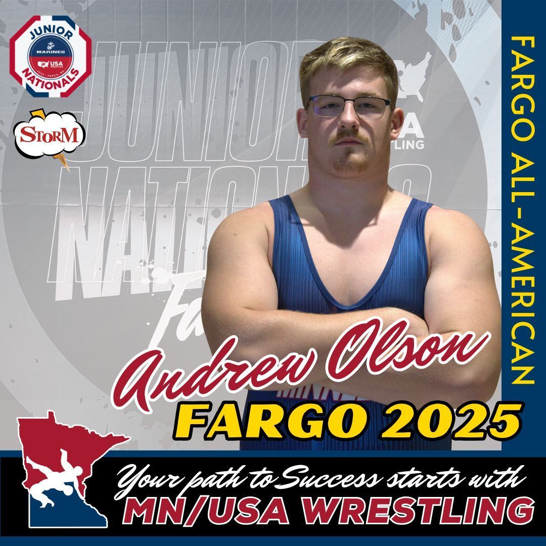 MNUSAW's tweet image. Congrats to Andrew Olson on your 2025 Fargo All-American with your 5th place finish in greco. #mnusawrestling #mnstorm