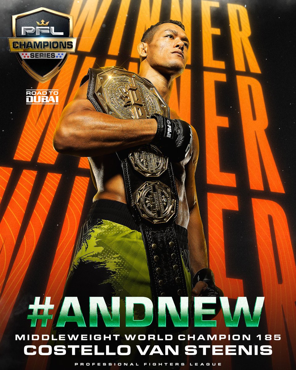 PFLMMA's tweet image. SHOCKER in the final seconds!! ๐ฑ๐ฅ
Costello van Steenis pulls off the upset and is your NEW PFL Middleweight World Champion! ๐
#AndNew #PFLChampionsSeries