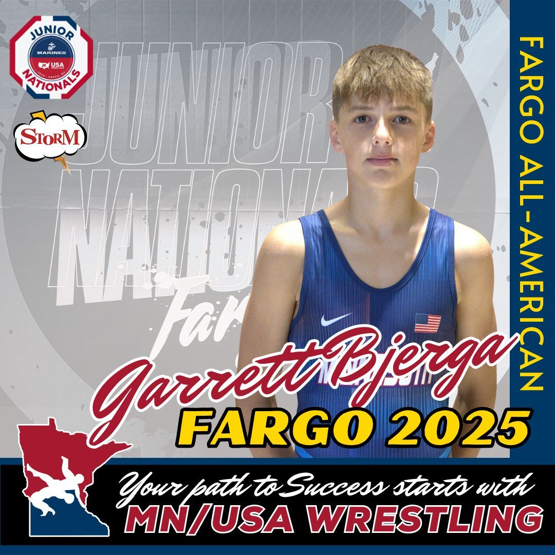 MNUSAW's tweet image. Congrats to #100lb - Garrett Bjerga on your 4th place finish in Greco at Fargo and coming home a 2025 Fargo All-American. #mnusawrestling #mnstorm