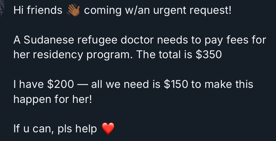 BSonblast's tweet image. You did it!!! 🥳🥳🥳🙌🏾🙌🏾🙌🏾
Thank you so so much, we were able to secure $160 for a total of $360, just enough for her to cover her fees!!!!
Again: YOU GUYS ARE THE BEST! 🥹❤️
#KeepEyesOnSudan
