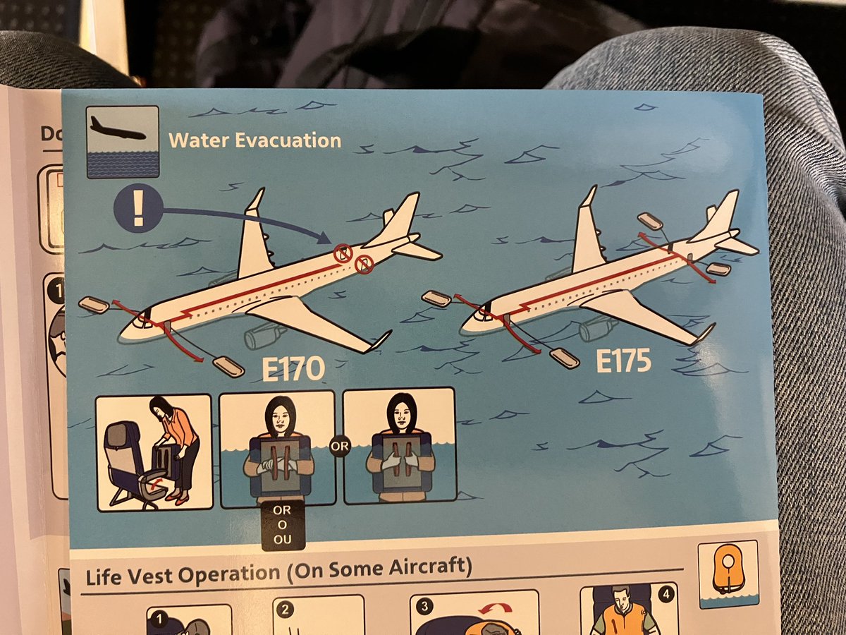 安全のしおりは良く読みましょう。外見そっくりで見分けの付かないERJ170と175で水上脱出手順が違います。170は後部ドアが使えません。(たぶんフロート設備が無い)