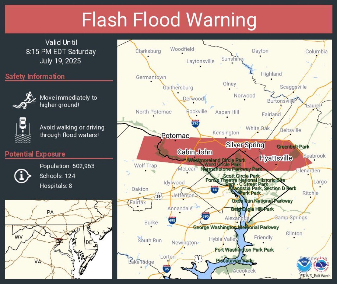 ReadyMontgomery's tweet image. ¡Peligro de inundación inmediata en el área de Silver Spring, Bethesda y Potomac hasta las 8:15PM!
From the US National Weather Service Baltimore/Washington: Flood Warning including Silver Spring MD, Bethesda MD and Potomac MD until 8:15 PM EDT