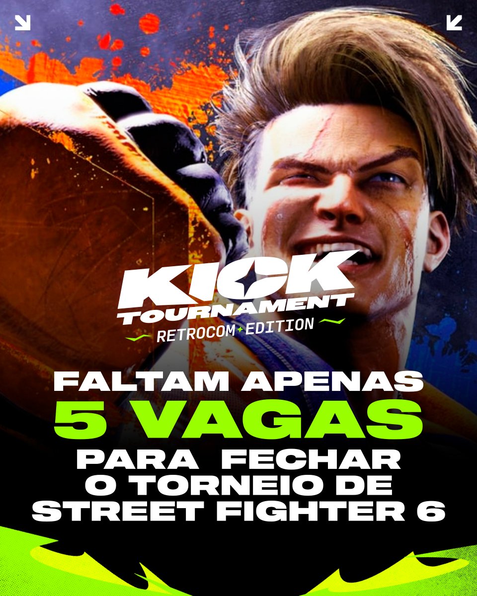 As inscrições da Kick Tournament: Retrocon edition estão em processo de confirmação e muito perto de serem encerradas.

Restam:
- 10 vagas em Fatal Fury 
- 5 em Street Fighter 6

🗓️ 25 a 27 de julho
📍Transamerica Expocenter - São Paulo

Se você quer competir, agora é a hora!