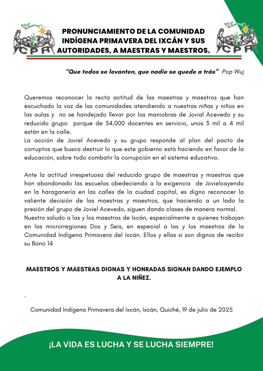 EObservadorGT's tweet image. # Compartimos el pronunciamiento de la Comunidad Indígena Primavera del Ixcán y sus Autoridades dirigido a maestras y maestros.