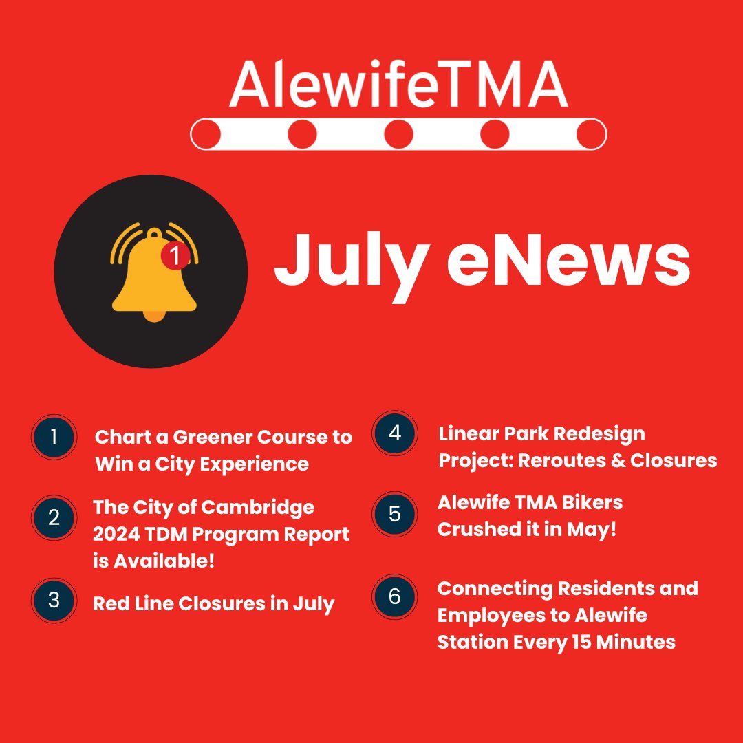 Stay connected with Alewife July eNews and never miss a beat! 🚲✨ Discover our Monthly Commuter Challenges, stay up to date on closures and construction, and so much more. Don't miss out—click the link in our bio to check out this month’s newsletter! 📰 #alewifetma #enewsletter