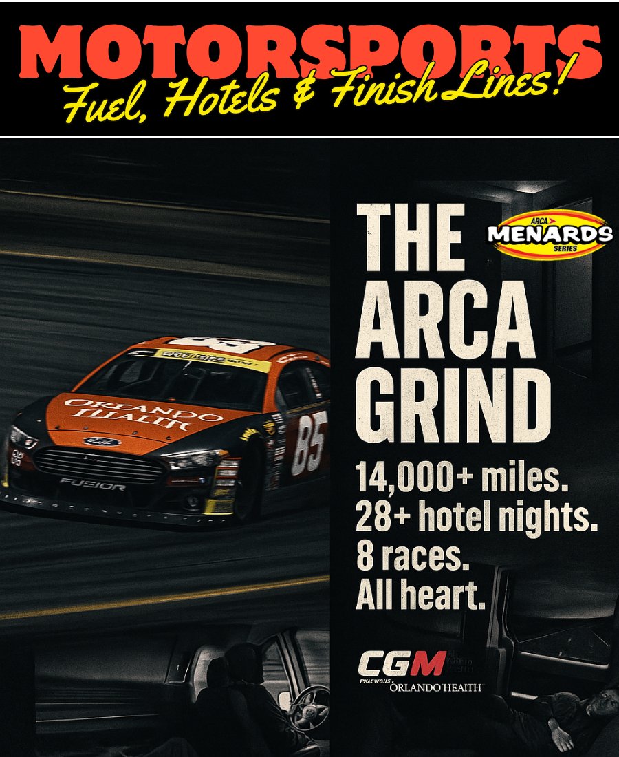 🏁 Life on the road is part of the grind in ARCA.

In 2025, CGM will log over 14,000 miles and spend 28+ nights in hotels for just 8 races.

For race teams running the full ARCA Menards Series and the ARCA staff and employees. Well that’s 44,000+ miles and 56+ hotel nights across