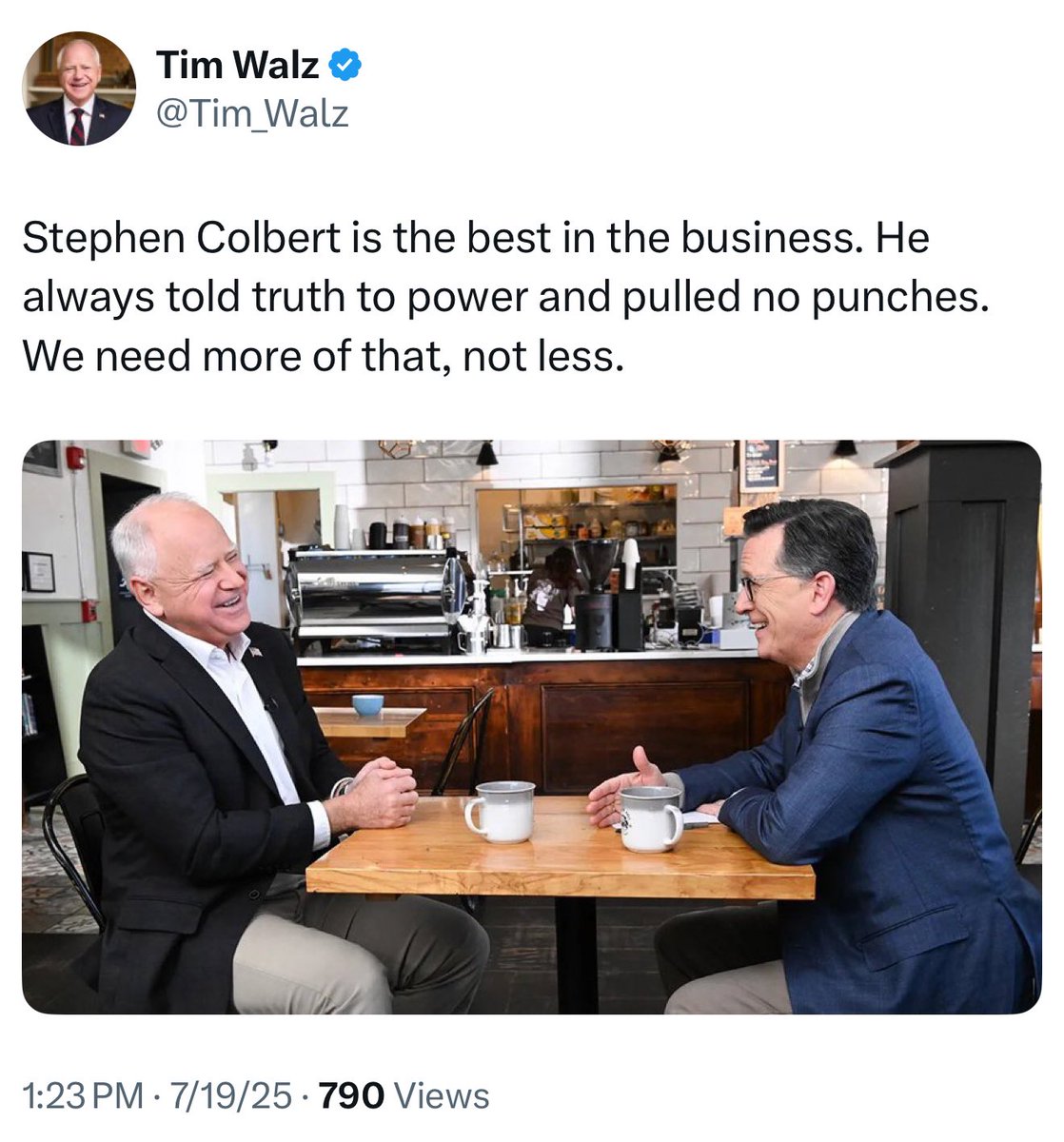 ChuckCallesto's tweet image. Tim Walz: "Stephen Colbert is the best in the business. He always told truth to power and pulled no punches.
We need more of that, not less."