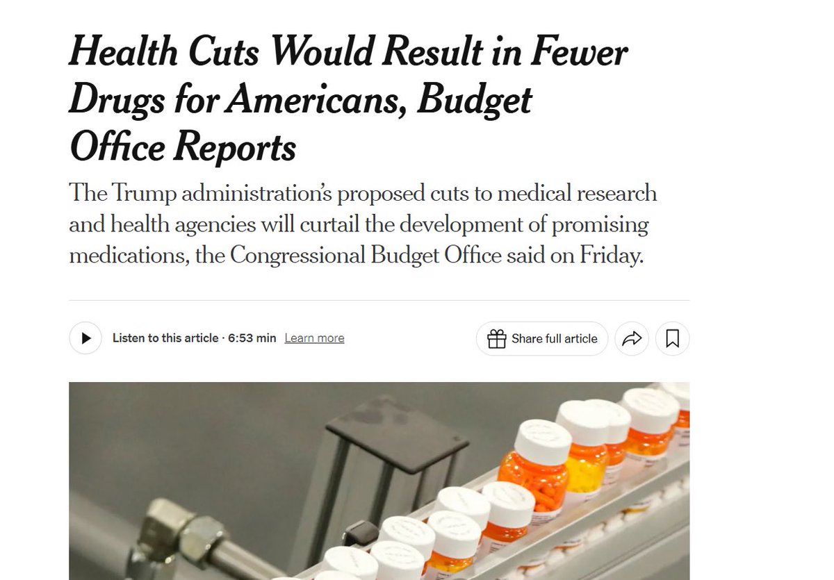 SenAmyKlobuchar's tweet image. According to the non-partisan Congressional Budget Office, cuts to NIH and FDA could block 54 life-saving drugs from the market in three years. We must invest in medical research to save lives, not cut it.