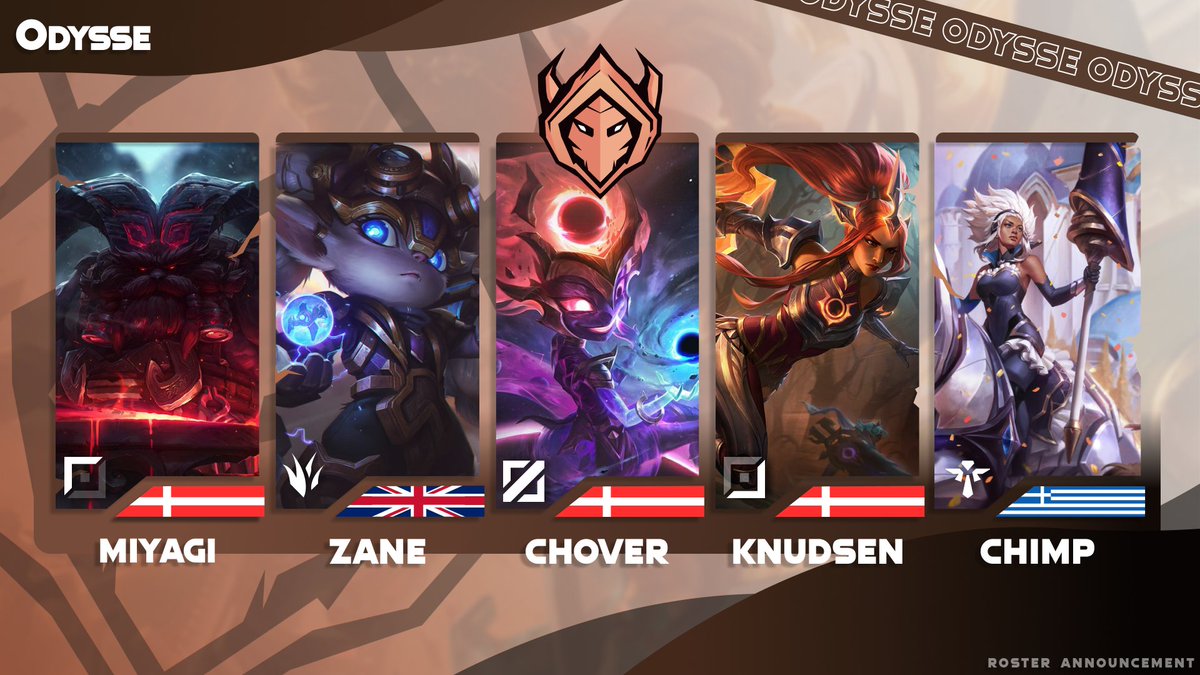 Announcing the Odysse Main player roster for the 2025 LCD Season summer playoffs!

Those who have socials can be found at <a href="/MiyagiEUW/">Mester Miyagi</a>, <a href="/Knudsenlol/">Knudsen</a>, <a href="/Chover_mid/">Chover</a> &amp; <a href="/AchilleasKl/">Chimp</a>