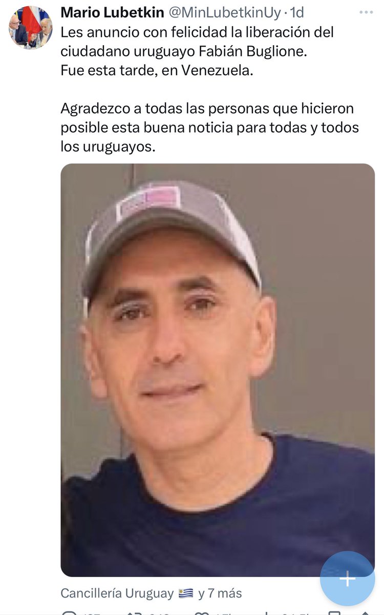 El Ministro Lubetkin omite en su comunicación la negociación d los gob d EEUU y El Salvador, cruciales para liberación del uruguayo SECUESTRADO x el Dictador Maduro.
Una pena q nuestra diplomacia se dirija con prejuicios, mezquindades y sin defender principios democráticos en Vzl