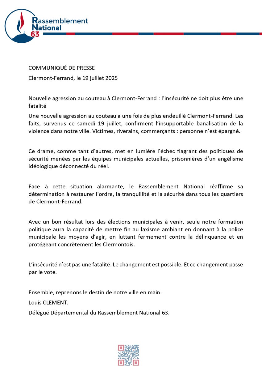 🔴Communiqué concernant la nouvelle agression au couteau survenu à Clermont-Ferrand dans la nuit du 18 au 19 juillet.
