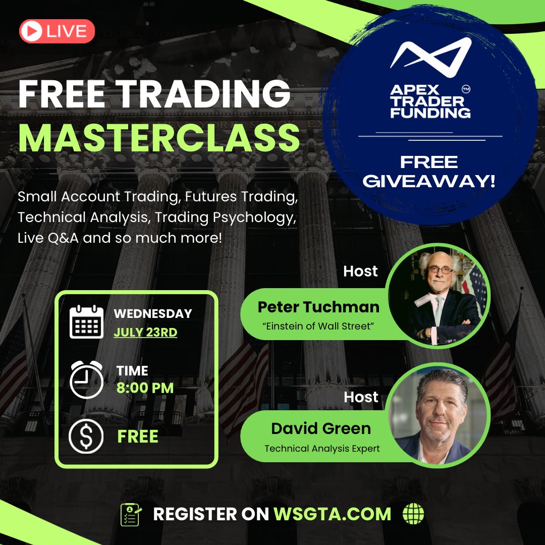 WSGTA_official's tweet image. FREE WSGTA trading masterclass, happening live this Wednesday, July 23rd at 8PM ET! 🎉
PLUS: We’re giving away FREE @ApexTradeFund accounts during the event — but only for those who show up. You gotta be in it to win it 👀
Sign up now: us02web.zoom.us/meeting/regist…