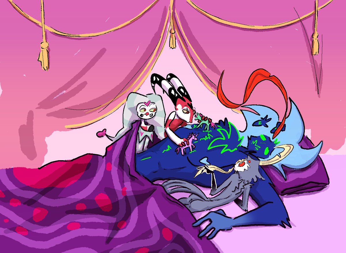 This wonderful
#StolitzarozzieWeek2025 come to an end!

I would like to end it with games in bed (with horses)

Day 7- Free day 💜💜💜💜

<a href="/2bird2impWeek/">Stolitzarozzie Week</a>
#Blitzo #HelluvaBoss #Stolas #Asmodeus #FizzaRolli #Ozzie #Stolitzarozzie