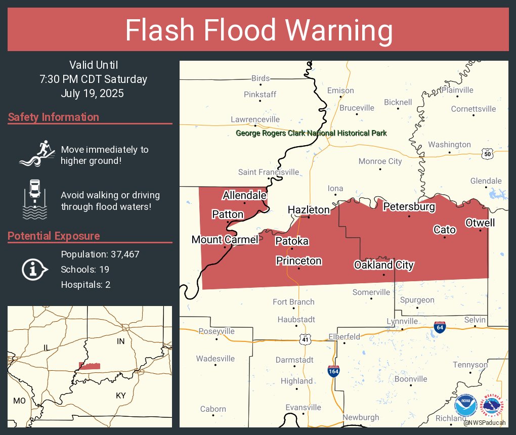 NWSPaducah's tweet image. Flash Flood Warning continues for Princeton IN, Mount Carmel IL and Oakland City IN until 7:30 PM CDT