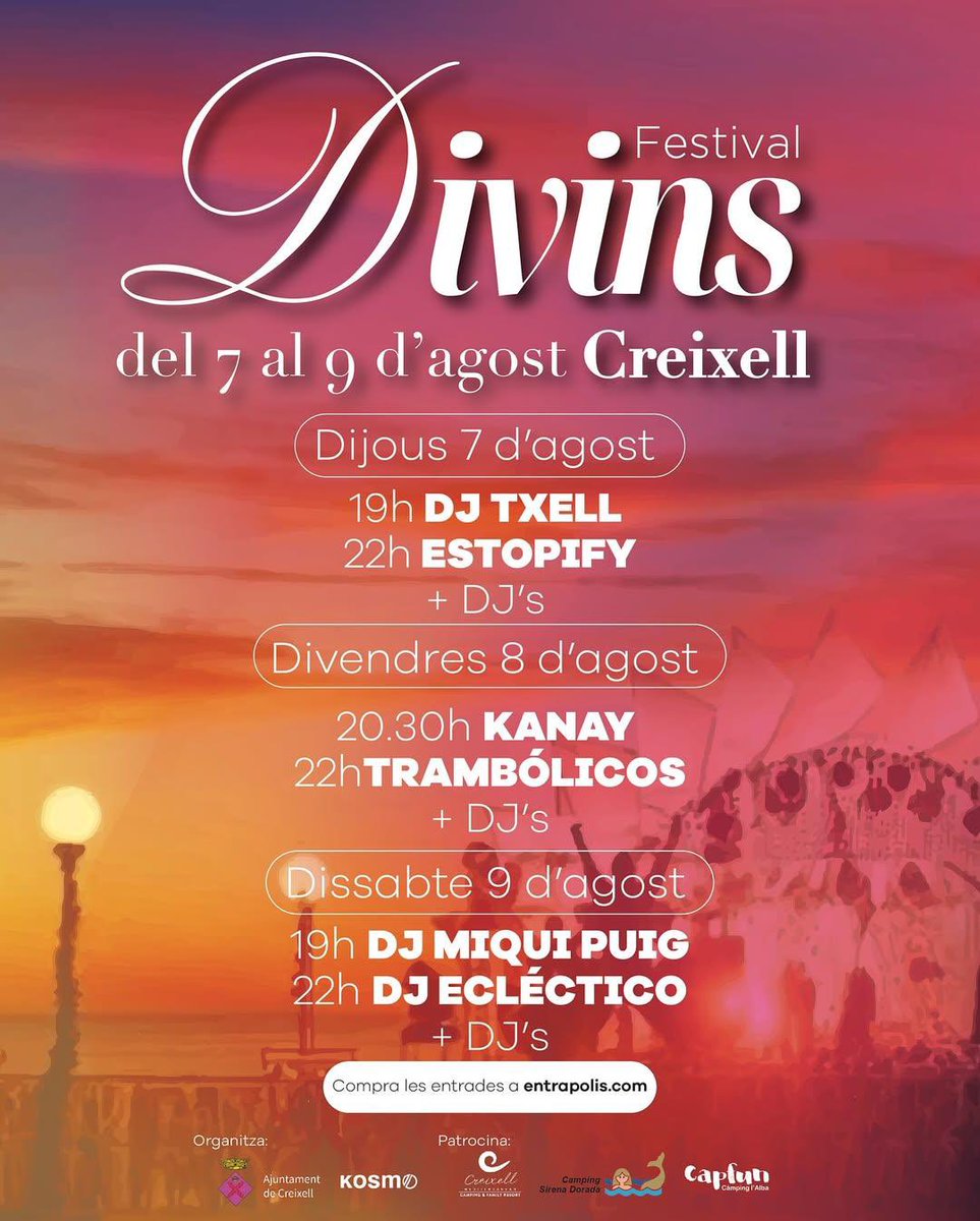 📍 Ja pots comprar les entrades pel Festival Divins Creixell!

🍇 Tast de vins i ostres
🎧 Concerts i DJ’s cada dia
🧘 Espai chill out
🧒 Racó infantil

✨ Amb l’entrada, copa serigrafiada del festival!
🎟 Aforament limitat – Entrades a 👉 entrapolis.com