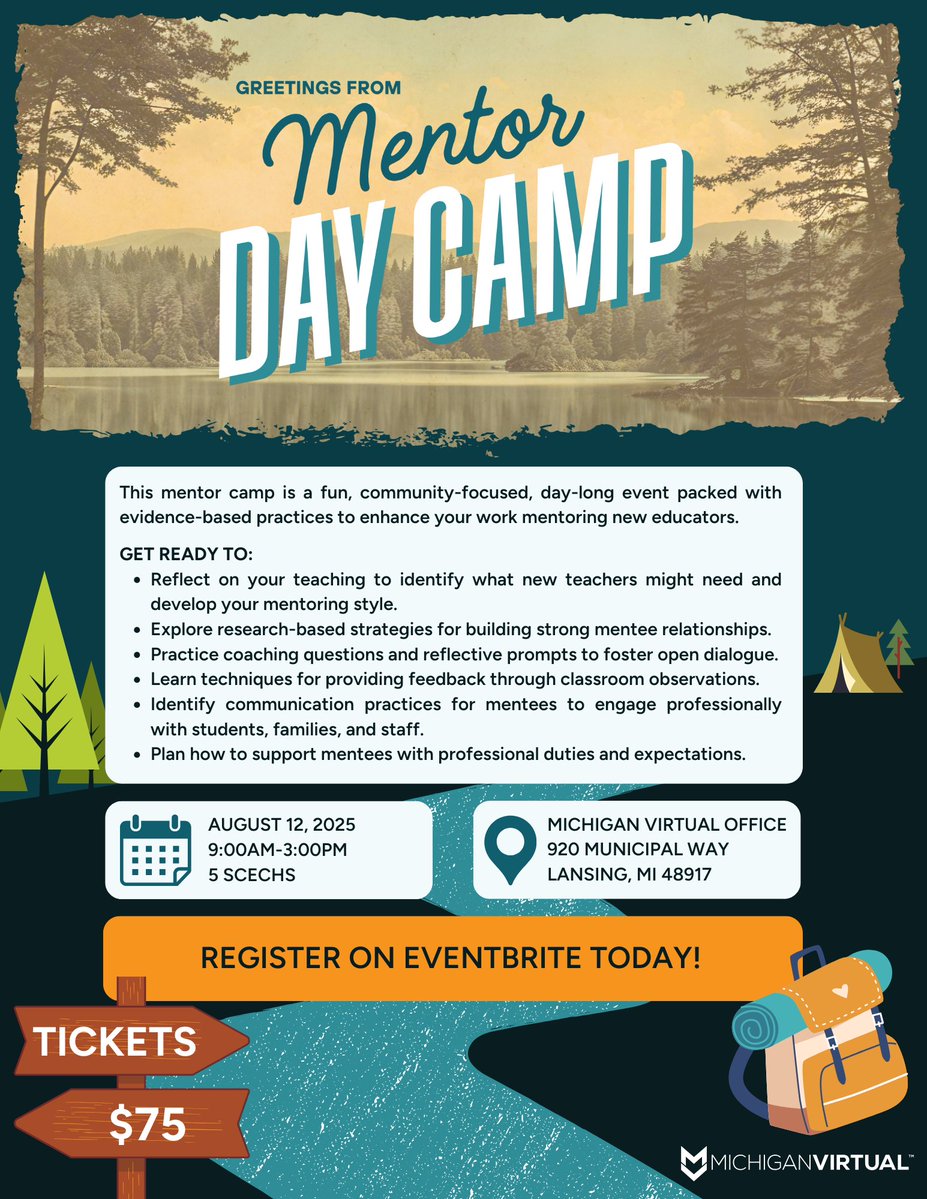 MichiganVirtual's tweet image. 📣 Join us for Mentor Day Camp — a fun, practical, and supportive day focused on helping you grow your mentoring toolkit.
🗓 August 12, 2025
🕘 9:00AM–3:00PM
📍 Michigan Virtual Office | Lansing, MI
🎓 5 SCECHs | 💵 $75
👉Register on Eventbrite today: hubs.la/Q03xZkbR0