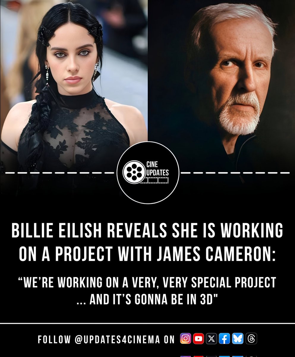 Updates4Cinema's tweet photo. Billie Eilish reveals she's working on a project with James Cameron:
"We’re working on a very, very special project ... and it’s gonna be in 3D."
#BillieEilish #JamesCameron #3DProject #ComingSoon https://t.co/bAcDkHdgTn