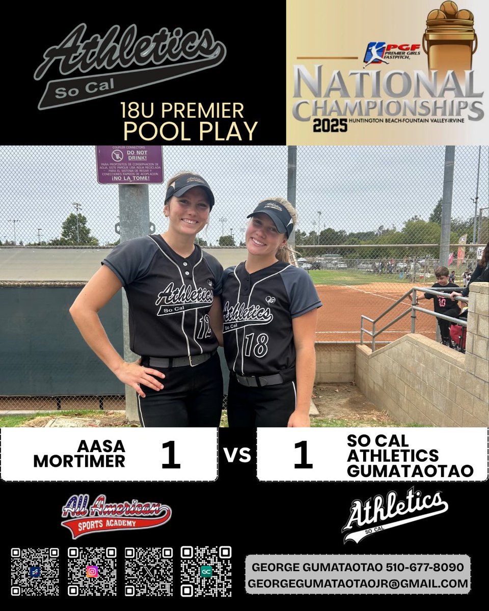 So Cal Athletics tie All American Monteir 1-1 in Game 2 at PGF Nationals18U Premier.  Callie “California” Howard went 7 innings with 9 K’s and no ER. Hits came from “Prime Time” Riya Sharda and “Real Deal” Reese Stiner.  
#PGFNationals2025 #LionsOnly🦁