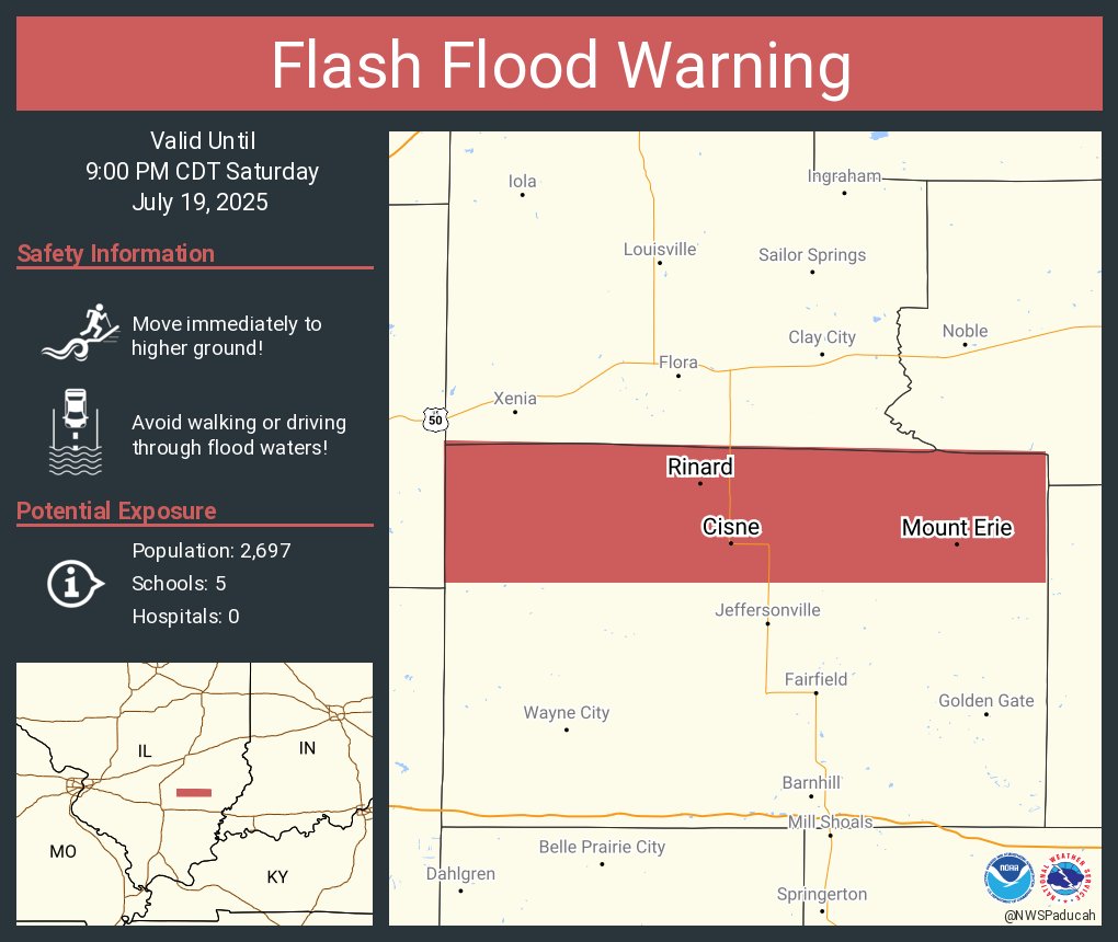 NWSPaducah's tweet image. Flash Flood Warning continues for Cisne IL, Mount Erie IL and Johnsonville IL until 9:00 PM CDT