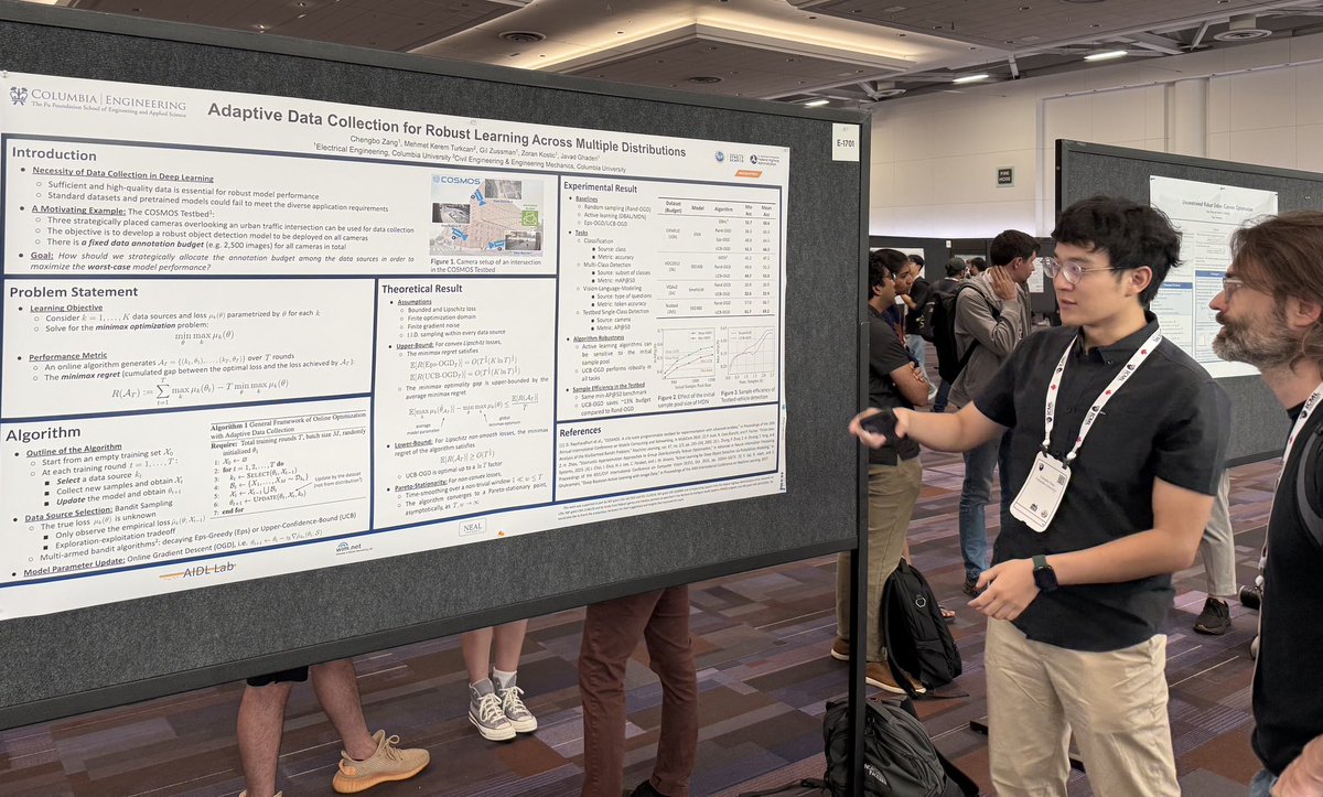 gil_zussman's tweet image. .@EE_ColumbiaSEAS PhD student Chengbo Zang presented our paper "Adaptive Data Collection for Robust Learning Across Multiple Distributions" at #ICML2025
W/ @mkturkcan, Zoran Kostic & Javad Ghaderi
Paper in openreview.net/pdf?id=n8fJdB6…
