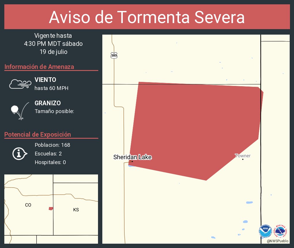 Aviso de Tormenta Severa incluye Sheridan Lake CO hasta las 4:30 PM MDT. ¡Esta tormenta contiene granizo del tamaño