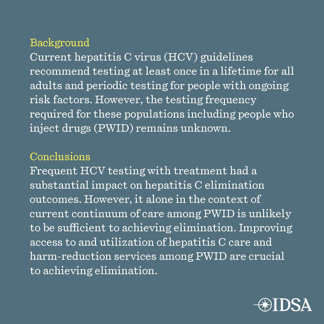 CIDJournal's tweet image. Potential impact of frequent testing for hepatitis C virus among people who inject drugs toward hepatitis C elimination in the United States
✅ Just Accepted
🔗 bit.ly/3IzTQpc