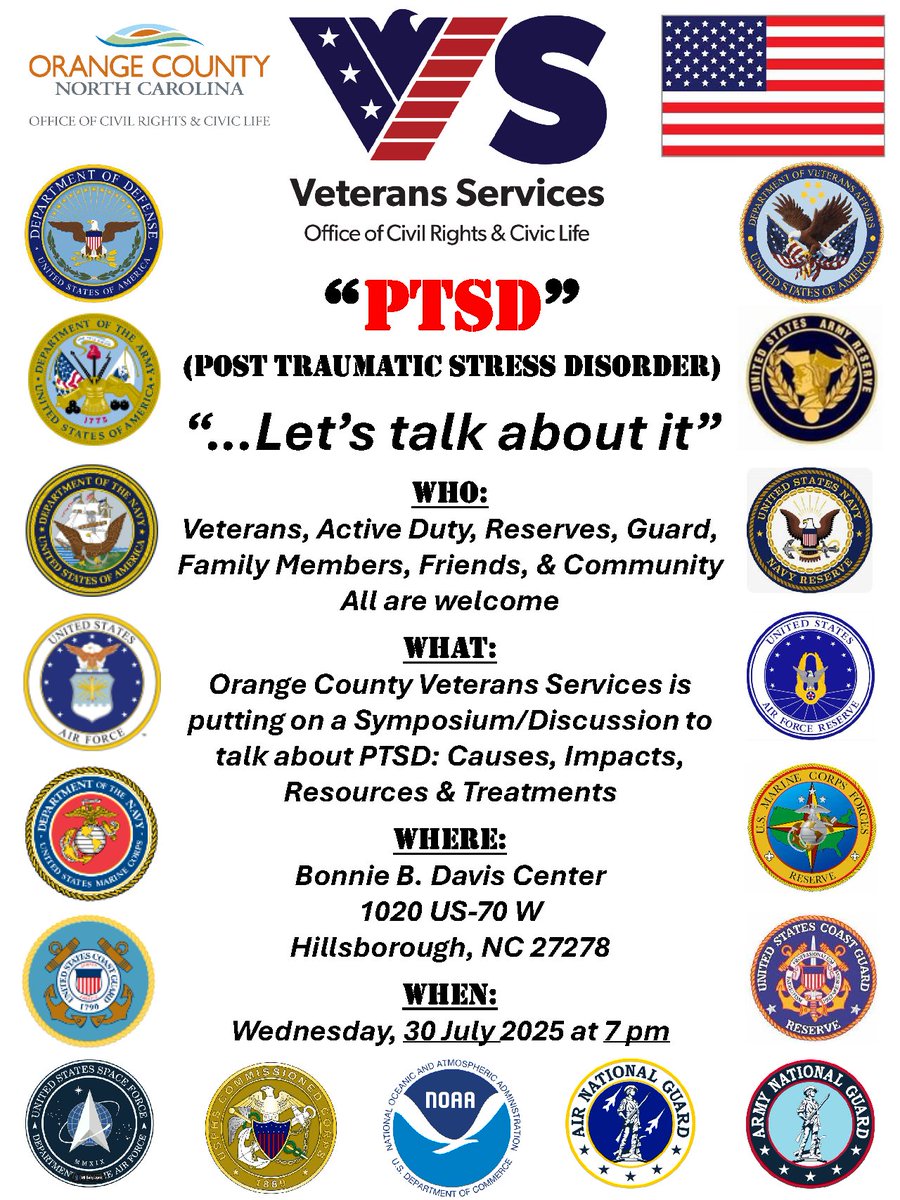 OCNCGOV's tweet image. You are cordially invited to the Orange County Post Traumatic Stress Disorder (PTSD) Symposium. This free event will cover causes, impacts, resources and treatments on Wednesday, 30 July at 7 pm at the Bonnie B Davis Center at 1020 US-70 W, Hillsborough (across from the DMV).