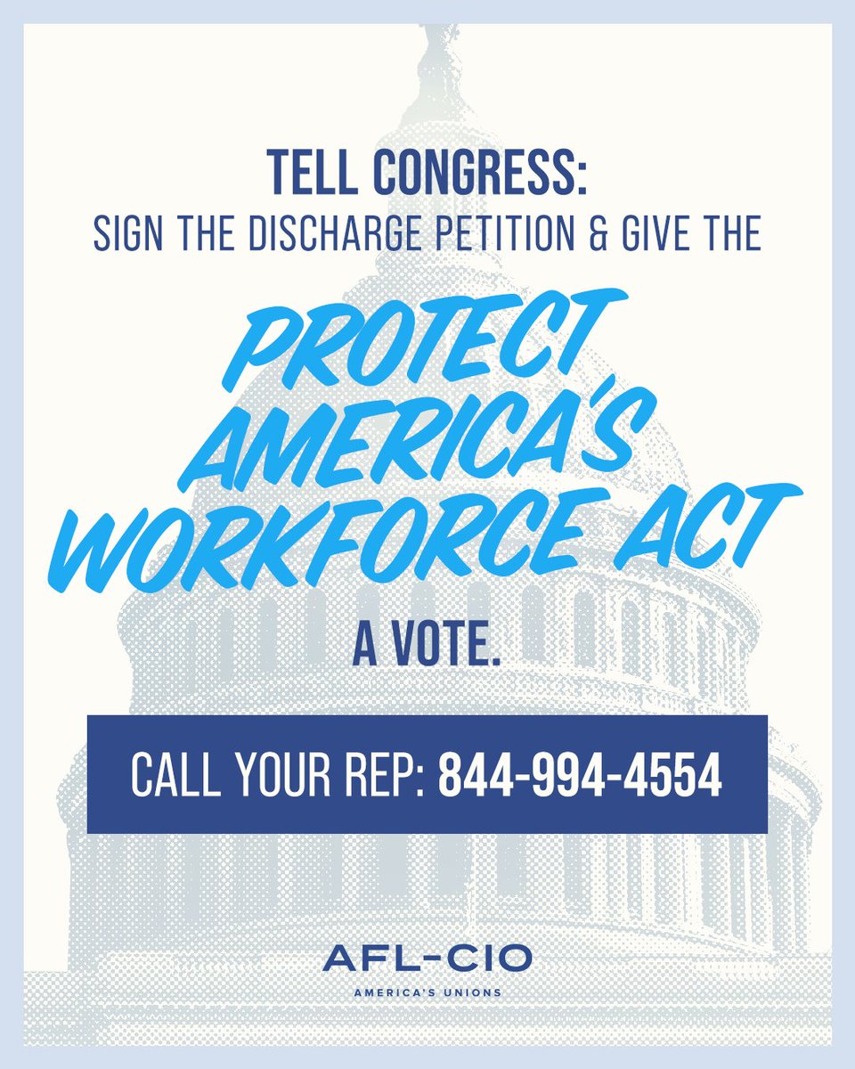OregonAFLCIO's tweet image. We have the votes in Congress to overturn President Trump’s executive order busting federal workers’ union rights.
Call your rep right now and tell them to sign the discharge petition to bring the Protect America’s Workforce Act to the floor for a vote.…