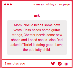 MayorOfHometown's tweet image. err.... what?
LOL!
ok then idk what that means but
???
no it doesnt (asgore hmu)
ho ho ho like santa claus
i plan on killing it actually
i dont need a pool
I DONT FUCKING CARE!