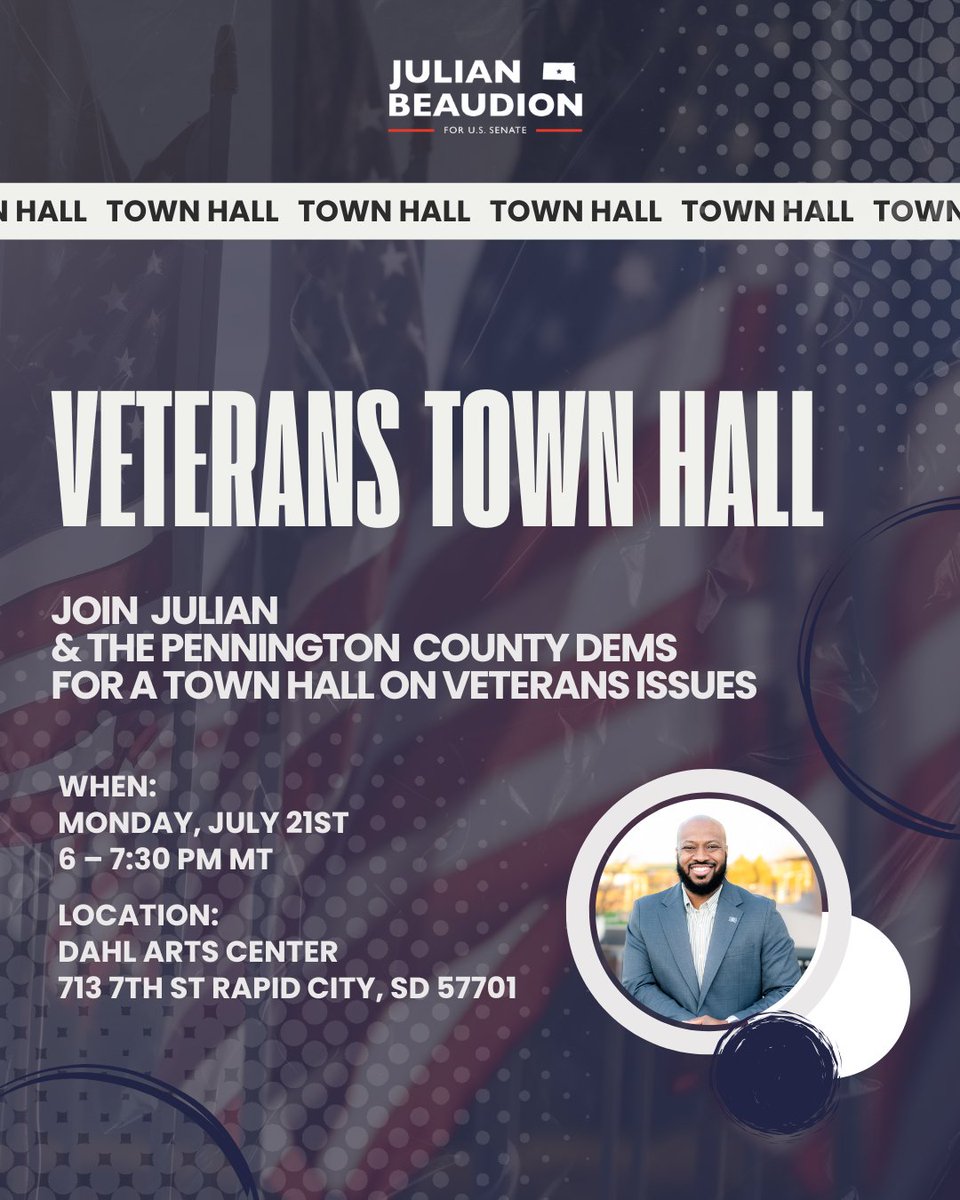 📣 Join me in Rapid City for a Veterans Town Hall this Monday, July 21 at 6 PM MT at Dahl Arts Center (713 7th Street). We’re discussing the issues impacting South Dakota’s veterans, such as DOGE cuts, access to quality care for veterans, and much more.
 🇺🇸#JulianForSD #VetsFirst