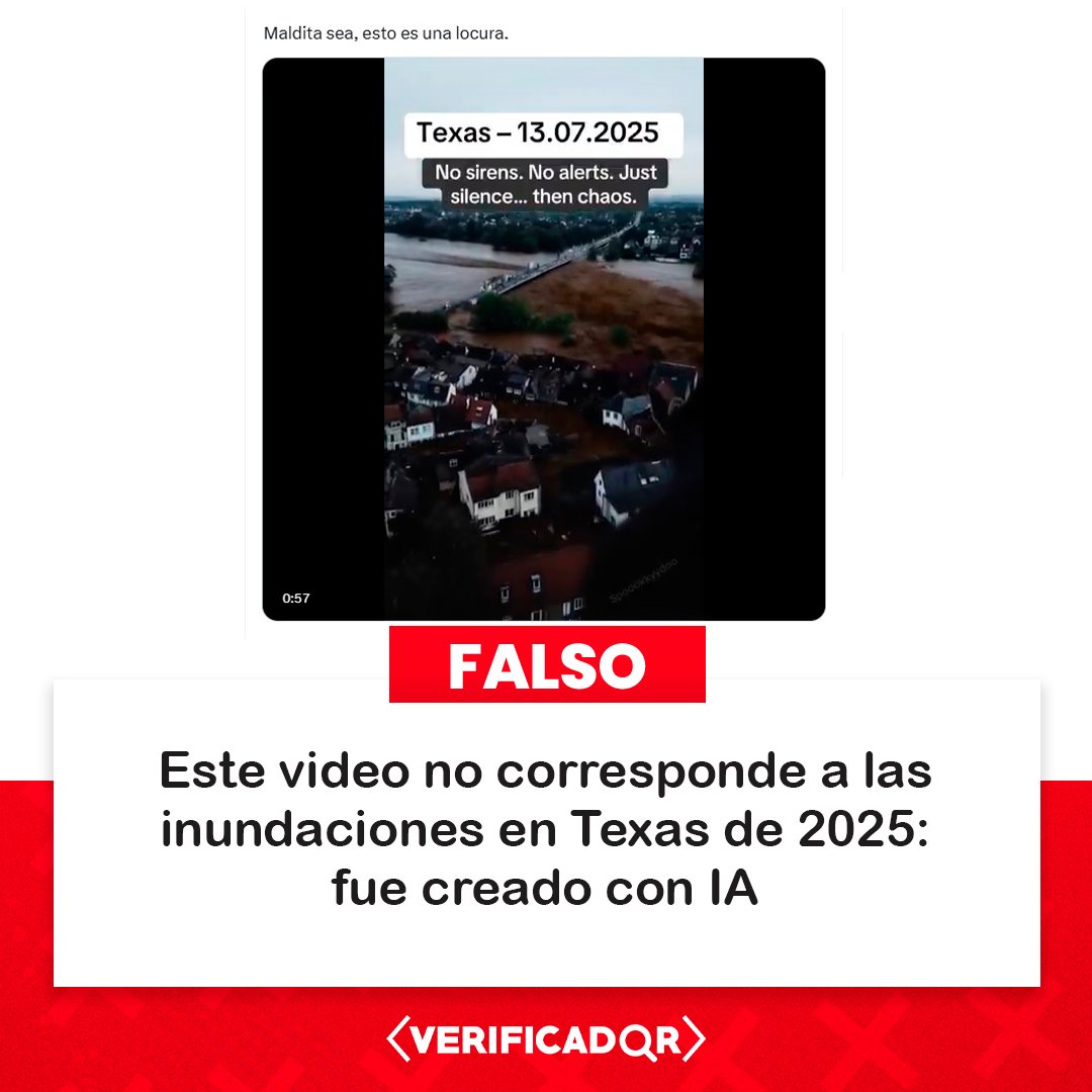 🔍 Se viralizó en redes un video que expone supuestas escenas de las inundaciones que sufre Texas desde el 4 de julio. No obstante, se trata de un material elaborado mediante IA, por lo que no contiene episodios verídicos del desastre.

👉 Nota completa: bit.ly/4m3mVb2