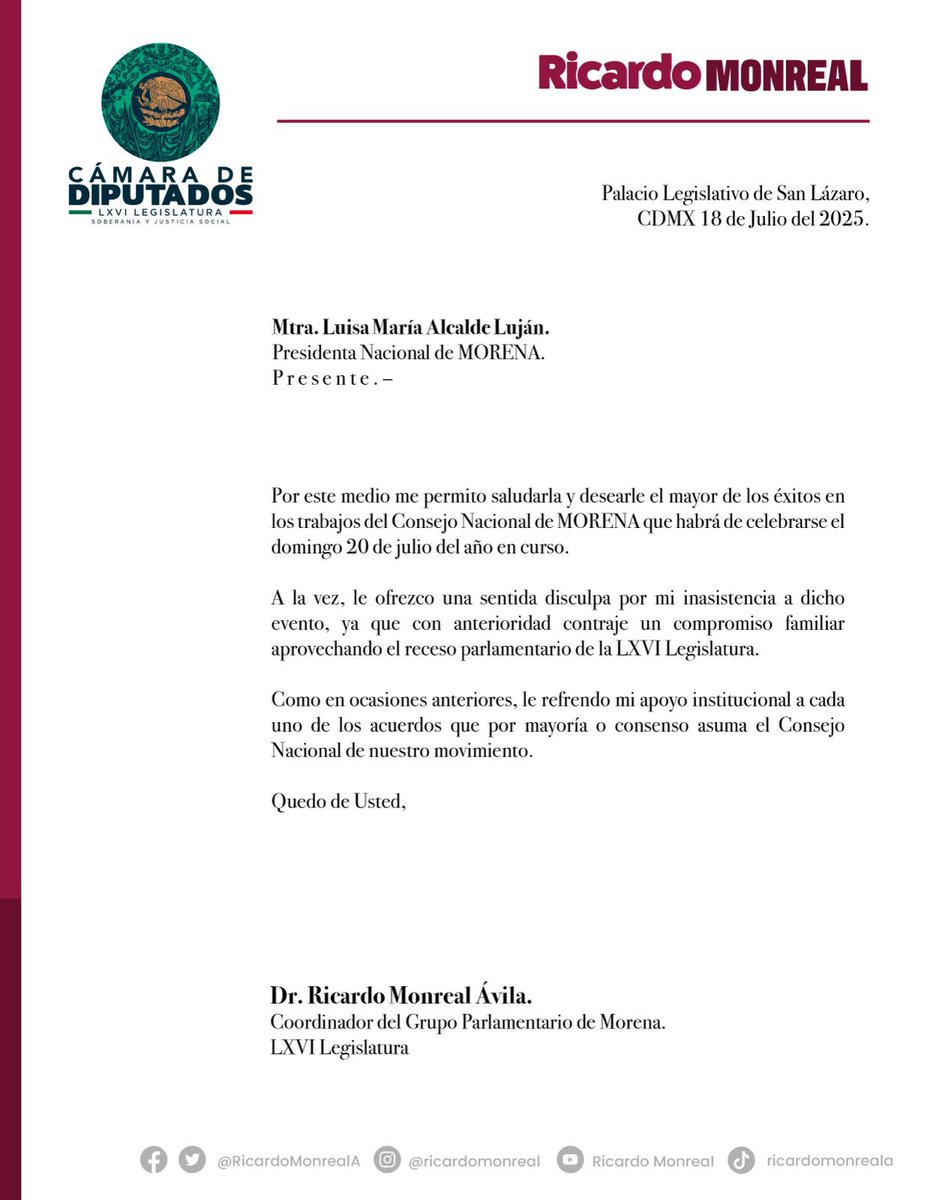 RicardoMonrealA's tweet image. Le deseo a Luisa María Alcalde, Presidenta Nacional de MORENA, el mejor de los éxitos mañana, en el Consejo Nacional de nuestro partido. Ayer le envié esta carta, que hago de conocimiento público. Es falso el señalamiento de que me encuentro en el hotel Villa Magna de Madrid.