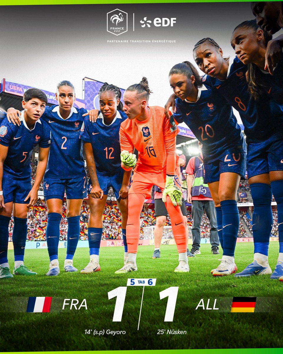 EDF_Foot's tweet image. Au terme d’un match très accroché face aux Allemandes, les Bleues s’inclinent aux tirs au but dans ce ¼ de finale du Championnat d’Europe ❌
Quelle est votre analyse de cette rencontre ? #FRAALL #EDFFoot #DLDDec