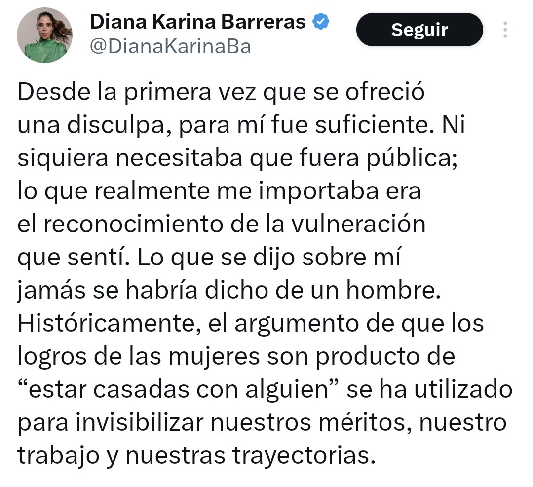 Diputada <a href="/DianaKarinaBa/">Diana Karina Barreras</a>:

Usted ha pedido al Tribunal que reconsidere su resolución como #DatoProtegido y cese la disculpa pública que, por 30 días, el mismo Tribunal concedió en contra de <a href="/KarlaMaEstrella/">Karla Estrella</a>.

1. Es demasiado tarde, su abuso de poder ha quedado exhibido.

2. Usted