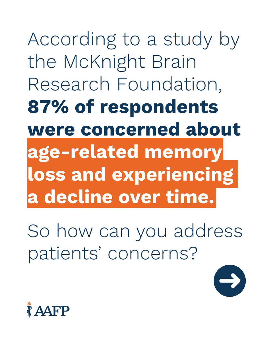 aafp's tweet image. According to a study by @McKnightBrain1, 87% of respondents were concerned about age-related memory loss and experiencing a decline over time. Family physician John Brady, M.D., shares his approach for addressing patients' concerns: bit.ly/4nF9EXS