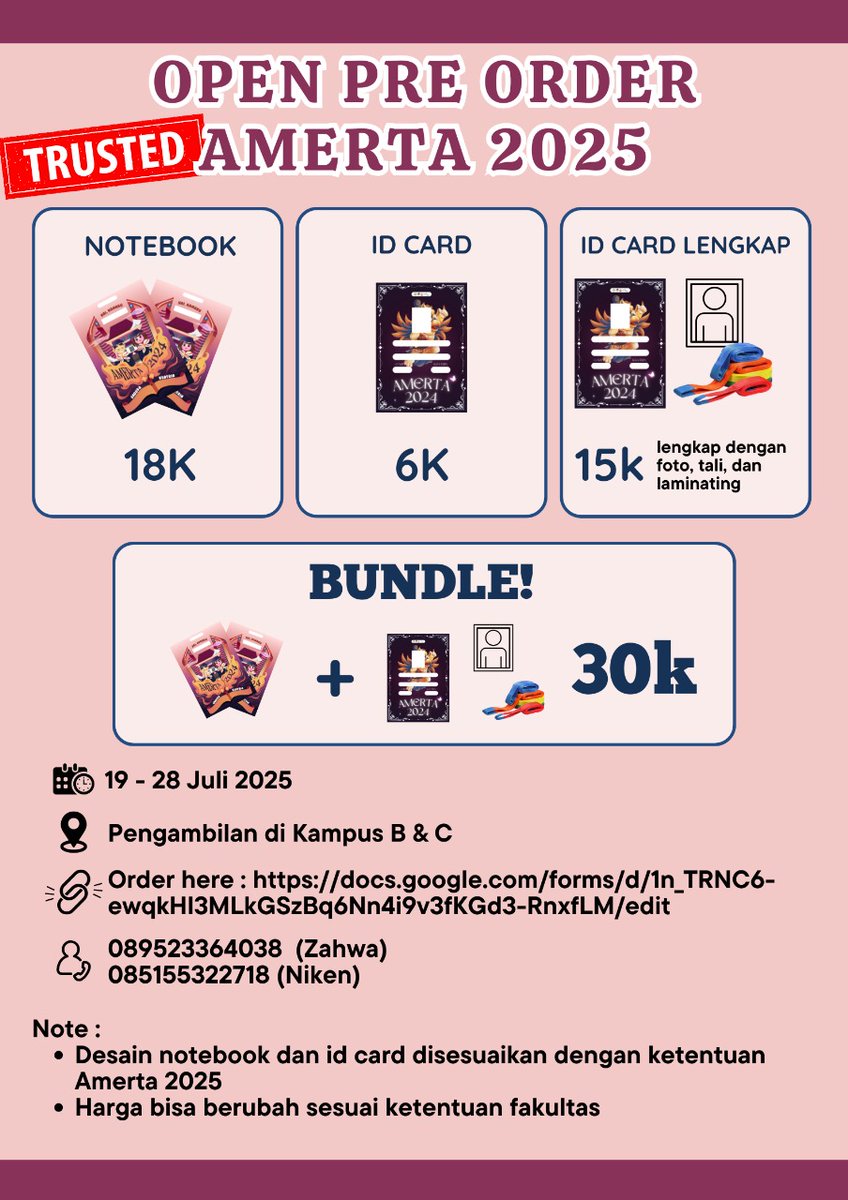 zxhoonie's tweet photo. 📌OPEN PRE-ORDER NOTEBOOK AMERTA 2025 📌

Haloo, Ksatria Airlangga🙌✨
Tak terasa Amerta 2025 semakin dekat. Siapaa nih yang lagi cari notebook dan id card buat Amerta 2025???

Yuk pesan dikita sekarang, dijamin trusted yaaa💯

Order here :
https://t.co/yvctvGEAlq https://t.co/2umJmnMlDX