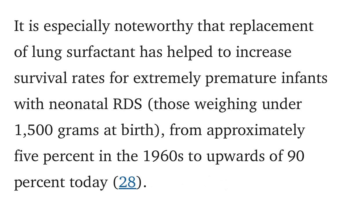 dissproportion's tweet image. Nothing more bonkers than lung surfactant. Almost all premature babies (not just the extremely premature ones) used to die, within hours. Now they almost all live.