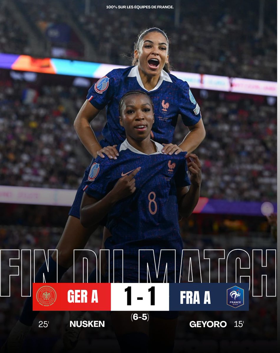 C’EST FINI ! 🔚🥅

Les bleues tombent en quart de finales face à l’Allemagne aux tirs au but, elles avaient pourtant la supériorité numérique, elles ont chutés face à l’immense gardienne de la Manschafft ! 🇩🇪🧤

🎨<a href="/edf_news_/">Equipe de France News</a> 
#WEURO2025 | #FRA