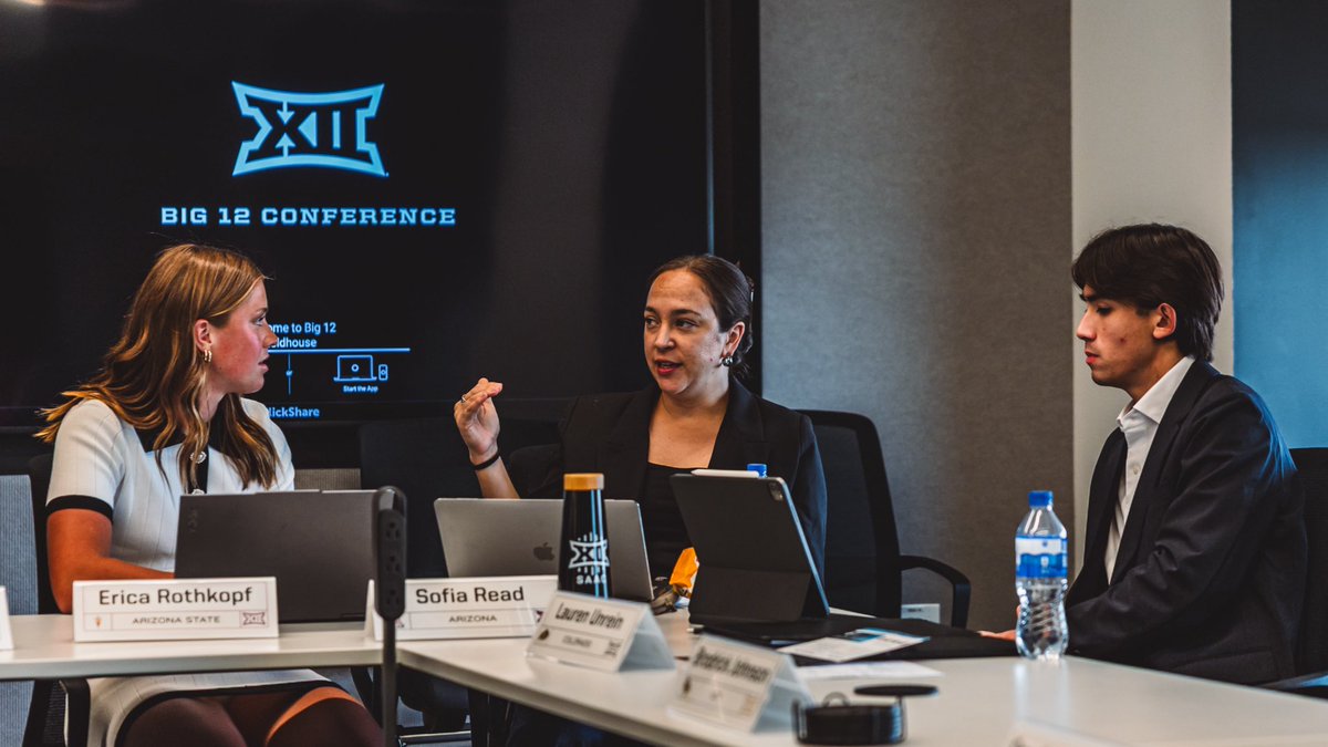 Big12Conference's tweet image. The Big 12 Student-Athlete Advisory Council convened in Dallas for its annual forum to partake in leadership development, job shadowing, career training and community service opportunities.
Commissioner Yormark hosted a listening and feedback session with student-athletes as…