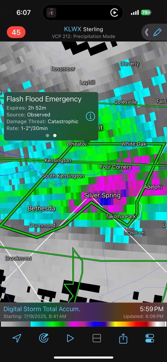 6:08PM: Catastrophic situation unfolding across Bethesda, Takoma Park, Chevy Chase, Silver Spring, and Wheaton as 3-5” of rain has fallen which is leading to significant and severe river and urban flash flooding.

AVOID THIS AREA! THIS IS A DANGEROUS SITUATION! #mdwx